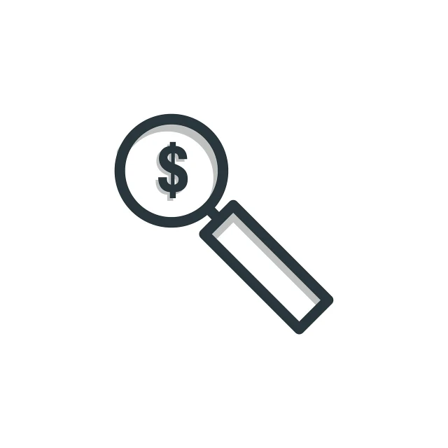 a magnifying glass with a dollar sign in it, minimalism, 2d icon, cost, digital asset, pen