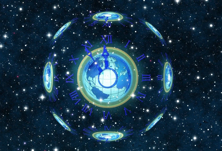 a close up of a clock with a planet in the background, digital art, digital art, symmetrically, globes, emanating with blue aura, world peace