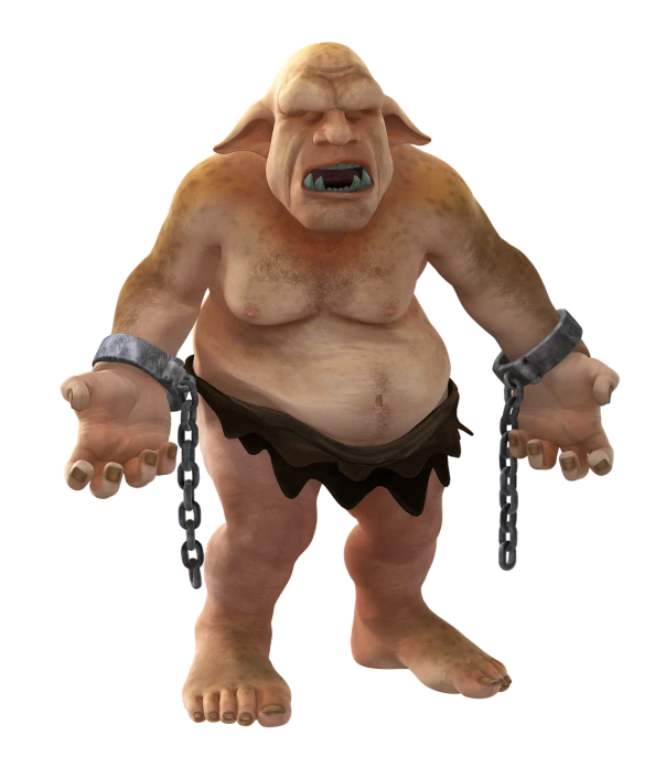 a cartoon troll with a chain around his neck, a low poly render, renaissance, albino dwarf, full-body-shot, motu, pig