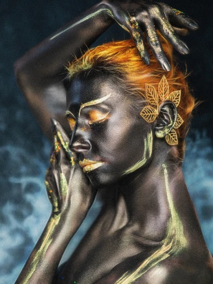 a close up of a woman with gold paint on her face, an airbrush painting, featured on zbrush central, art photography, woman made of black flames, barefoot beautiful girl alien, emanating magic from her palms, lpoty
