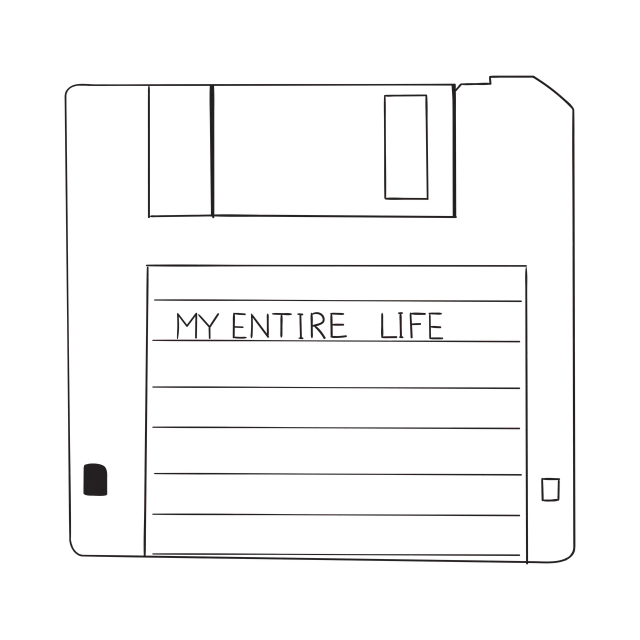 a floppy disk with the words my entire life written on it, an album cover, by Andrei Kolkoutine, tumblr, computer art, black backround. inkscape, full of details, kaethe butcher, i've discovered life