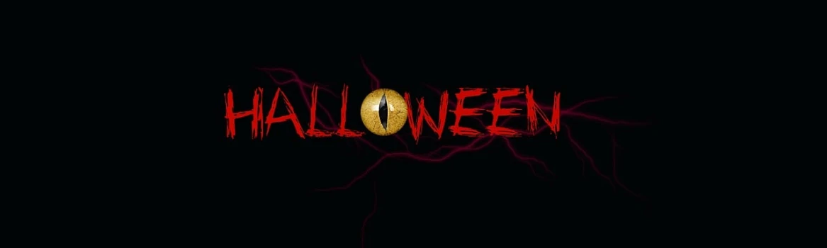 the word halloween written in red on a black background, a poster, pixabay, lightning eyes, header with logo, evil eye, created in adobe illustrator