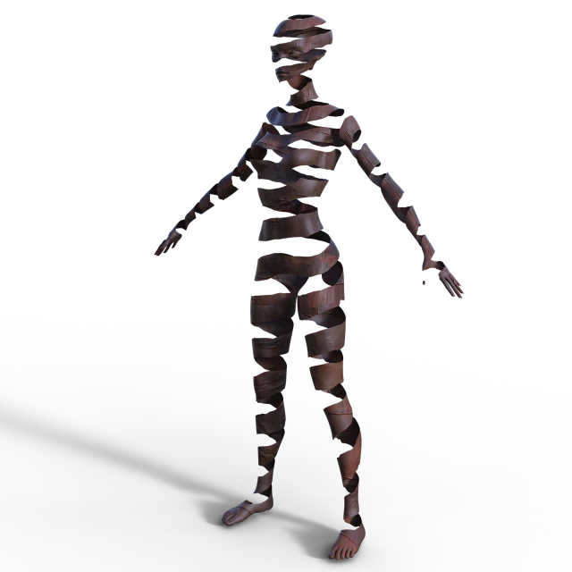 a woman that is standing in the dark, a low poly render, polycount contest winner, new sculpture, egyptian mummy, black and reddish color armor, freddy krueger style, intertwined full body view