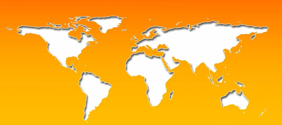 a map of the world on an orange background, commercial banner, white map library, header, orange yellow