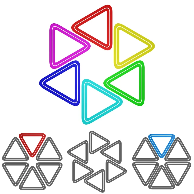 a set of four different colored arrows, by Ivan Trush, abstract illusionism, neon outline, triangle inside circle, tripod, 6 colors