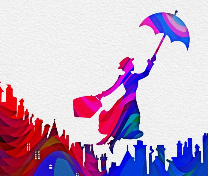 a woman flying through the air holding an umbrella, vector art, inspired by Randolph Caldecott, colorful city, mary poppins, wide screenshot, watercolor background