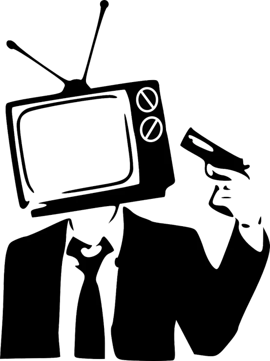 a man in a suit holding a gun and a tv, a cartoon, by Telemaco Signorini, pixabay, conceptual art, black stencil, mind control, television head, black and white television still
