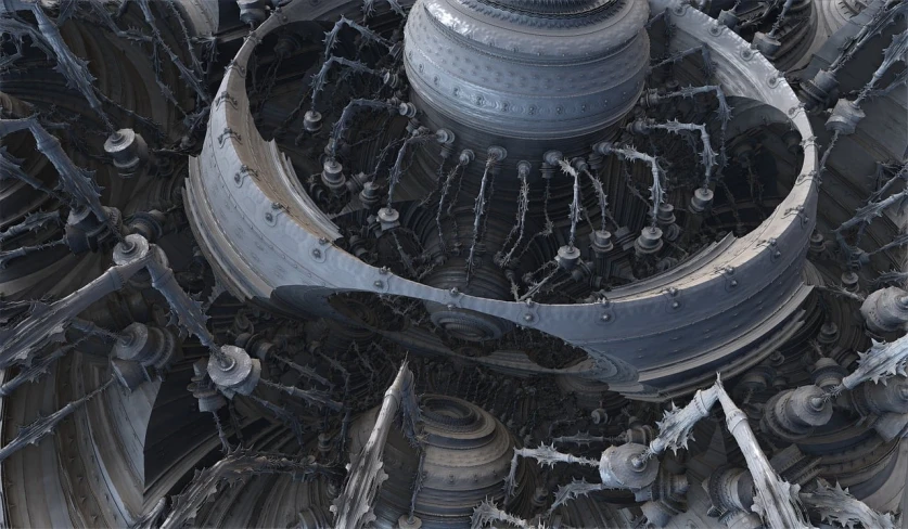 a large jet engine sitting on top of a building, inspired by Tomasz Jedruszek, polycount contest winner, digital art, fractal detail, destroyed human structures, abstract fractal automaton, high - intricate - detail