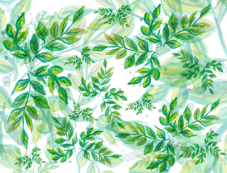 a painting of green leaves on a white background, a digital painting, inspired by Art Green, process art, versace pattern, transparent backround, background: assam tea garden, breezy background