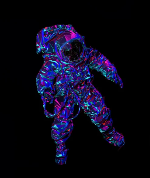 an astronaut floating in the air in front of a black background, a raytraced image, inspired by Mike Winkelmann, iridescent reflections, colorful image, moonwalker photo, holographic texture
