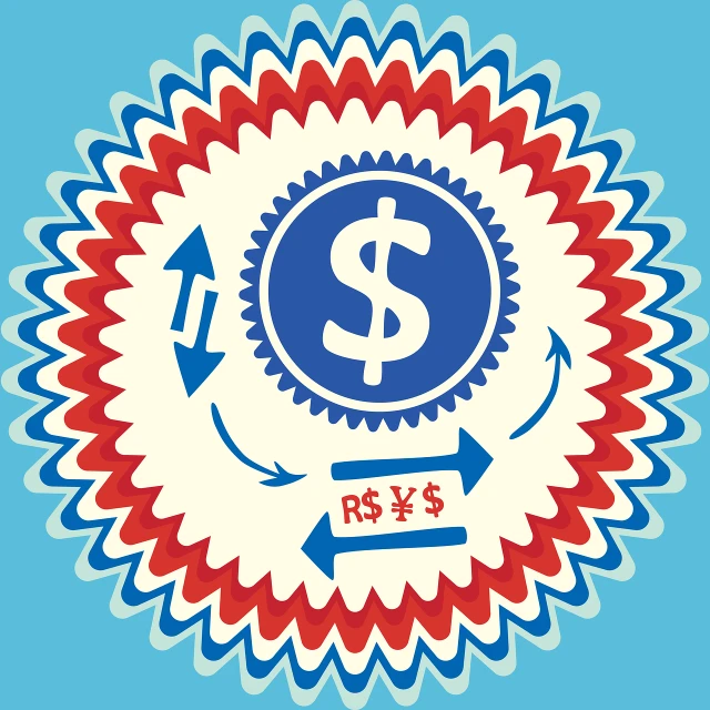 a blue and red flower with a dollar sign on it, behance contest winner, conceptual art, currency symbols printed, rosette, retro illustration, transforming