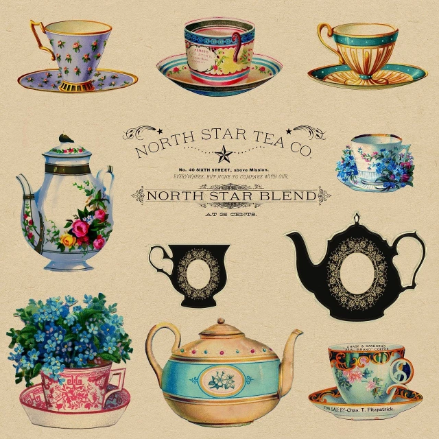 a collection of tea and coffee cups and saucers, concept art, tumblr, art nouveau, cut and paste collage, star, vintage poster style, high detail product photo