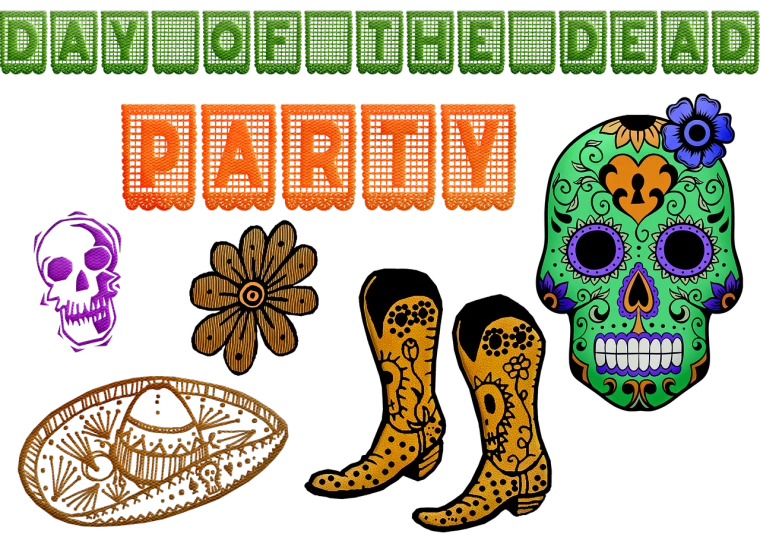 a collection of mexican themed items on a black background, a digital rendering, inspired by Dave Arredondo, trending on pixabay, dada, valley of the damned background, daisy dukes, header with logo, graphic 4 5