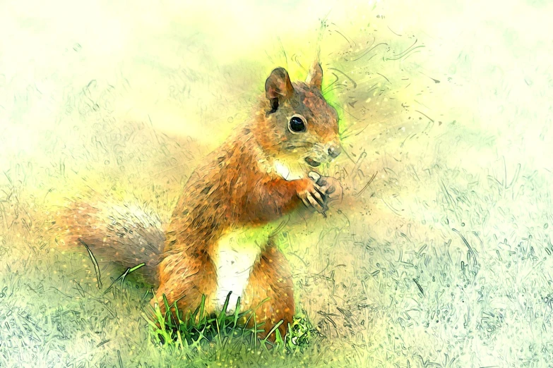 a painting of a squirrel sitting in the grass, an illustration of, digital art, enhanced photo, a beautiful artwork illustration, dew, nut