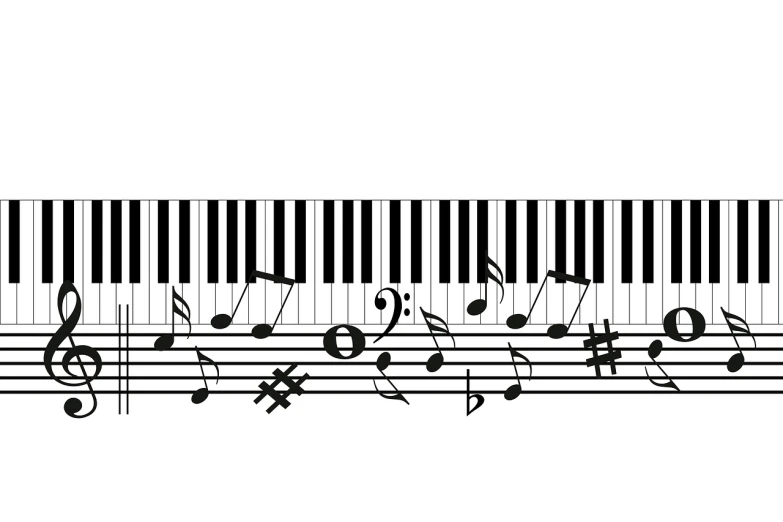 a piano keyboard with musical notes on it, precisionism, one line, full - view, full width, without text