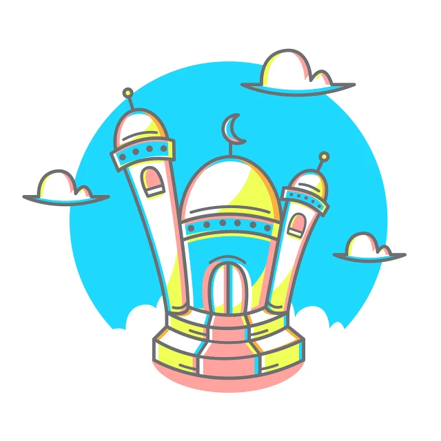 a cartoon picture of a castle in the sky, a storybook illustration, inspired by JoWOnder, hurufiyya, orthodox icon, clean lineart and color, mosque, cartoon style illustration