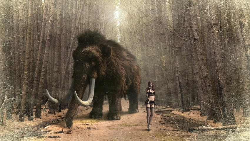 a woman standing next to a mammoth in a forest, by Artur Tarnowski, deviantart contest winner, funny, ancient”