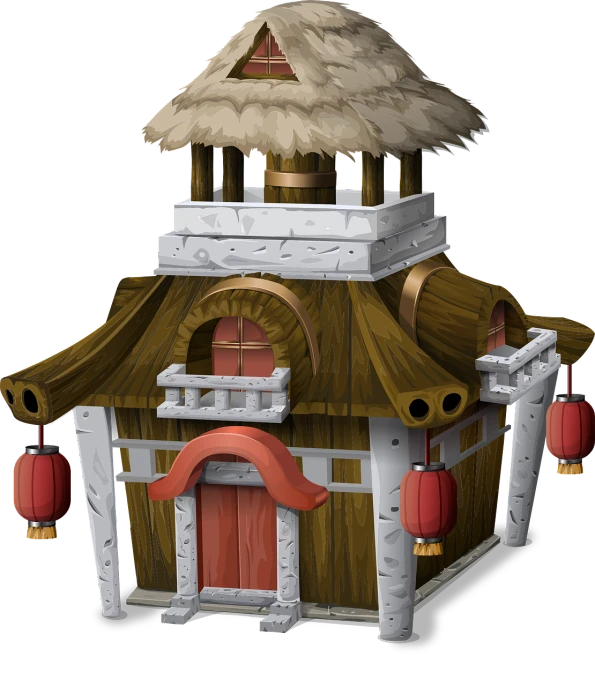 a small building with a thatched roof, by Kanbun Master, polycount contest winner, mingei, 3d model of a japanese mascot, dofus, the great marble wizards tower, high res render