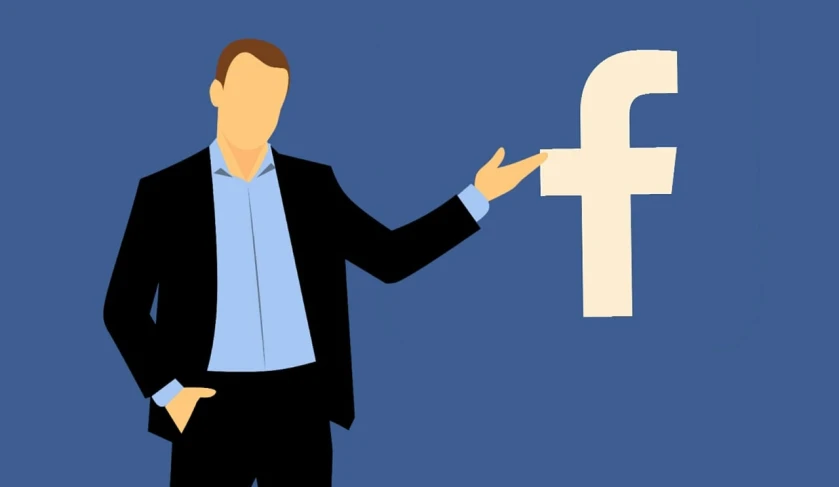 a man standing in front of a facebook logo, trending on pixabay, pointing, advertisment, solid color background intricate, trimmed with a white stripe
