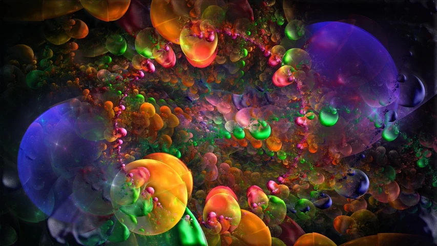 a computer generated image of a bunch of jellys, digital art, inspired by Benoit B. Mandelbrot, flickr, rainbow bubbles, in a fractal forest, many floating spheres, full of colour 8-w 1024