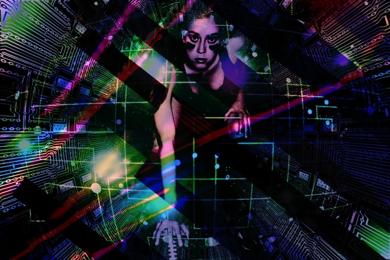 a man that is standing in the middle of a room, digital art, inspired by Rudolf Hausner, digital art, glitchpunk girl, mix between tribal and hi-tech, beautiful female neuromancer, trapped in my conscious