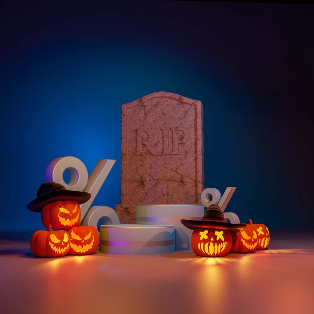 a couple of carved pumpkins sitting next to a tombstone, a 3D render, miniature product photo, red and blue lighting, product introduction photo