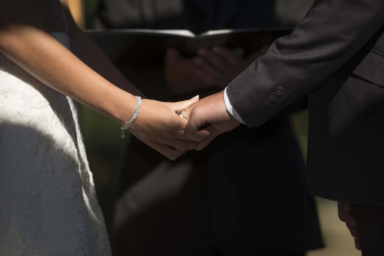 a bride and groom holding hands during a wedding ceremony, by Joy Garnett, symbolism, te pae, shot on 1 5 0 mm, sunlit, benjamin vnuk