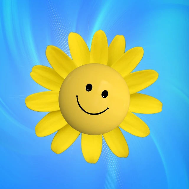 a yellow flower with a smiling face on a blue background, a raytraced image, hurufiyya, the sun is shining. photographic, cute 3 d render, happy kid, wallpaper - 1 0 2 4