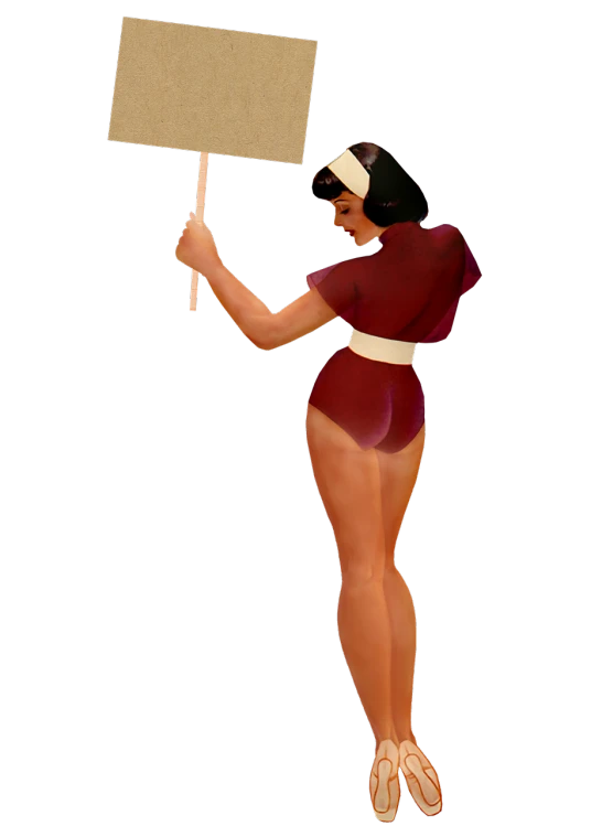 a woman in a bathing suit holding a sign, concept art, by Glen Angus, close - fitting nurse costume, digital render, dark red, vintage disney