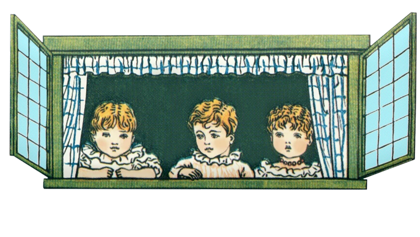 a picture of two children looking out of a window, a digital rendering, by Kate Greenaway, arts and crafts movement, 3 actors on stage, 1 6 mm film vignette, panoramic view of girl, colored woodcut