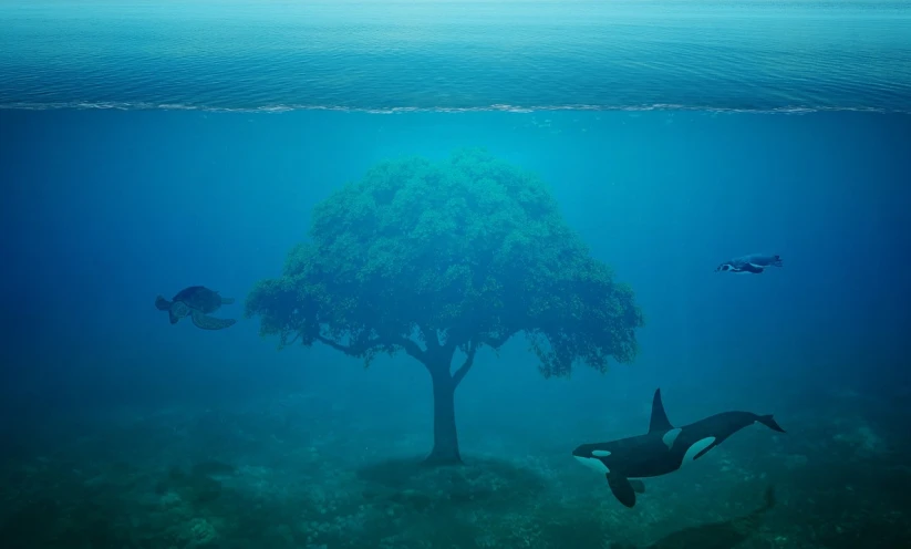 a person swimming under a tree in the ocean, a digital rendering, by karlkka, killer whale, collective civilization tree, photo still, dop