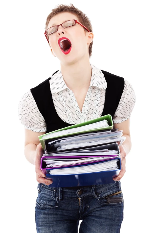 a woman with glasses holding a stack of folders, by Aleksander Gierymski, shutterstock, too tired to care anymore, shot from below, seifuku, isolated on white background