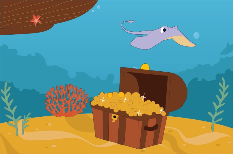 a cartoon fish flying over a chest of gold, shutterstock contest winner, stingrays, find the hidden object, wikihow illustration, children\'s illustration