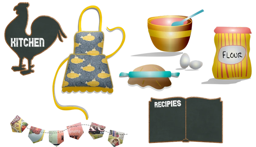 a collection of kitchen items on a black background, a diagram, trending on pixabay, conceptual art, wearing an apron, baking cookies, bunny, listing image