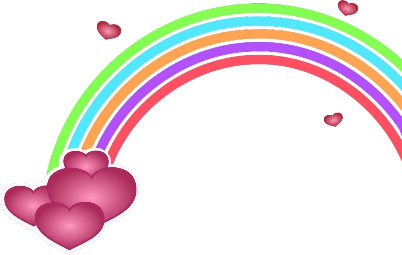 a rainbow with hearts flying around it, inspired by Lisa Frank, pixabay, black!!!!! background, pink arches, k high definition, clover