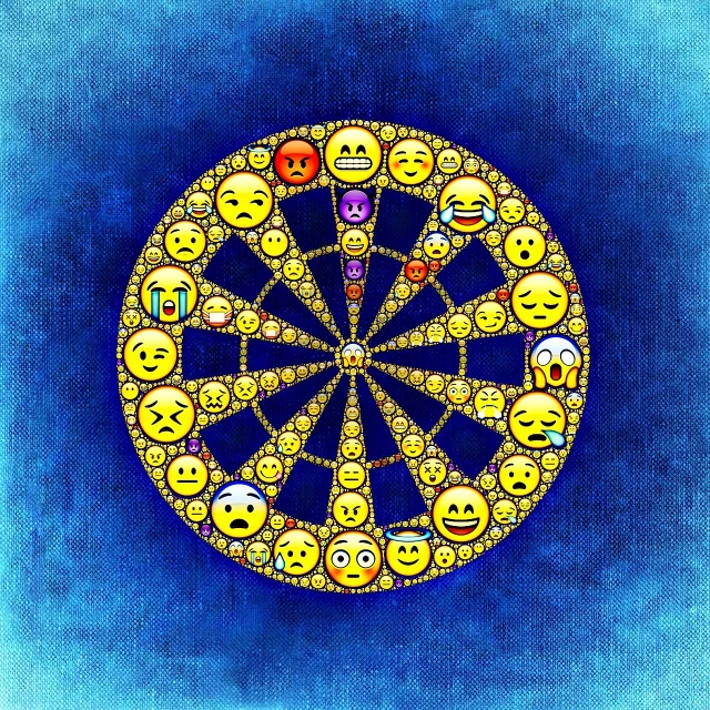 a wheel of emoticions on a blue background, inspired by Louis Wain, computer art, stained glass background, golden mean, digital art emoji collection, けもの