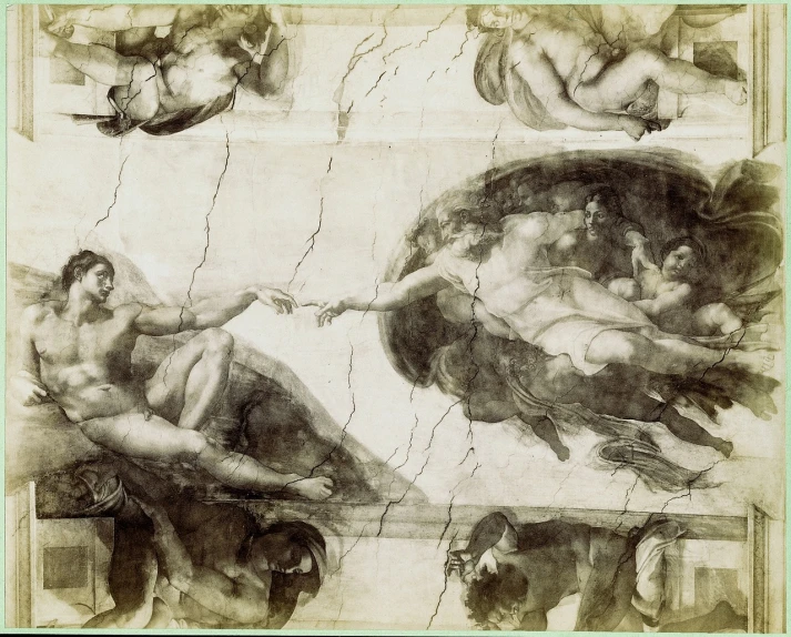 a drawing of the creation of adam and eve, by Michelangelo Buonarroti, ceiling, key is on the center of image, 2223194009, francis goya