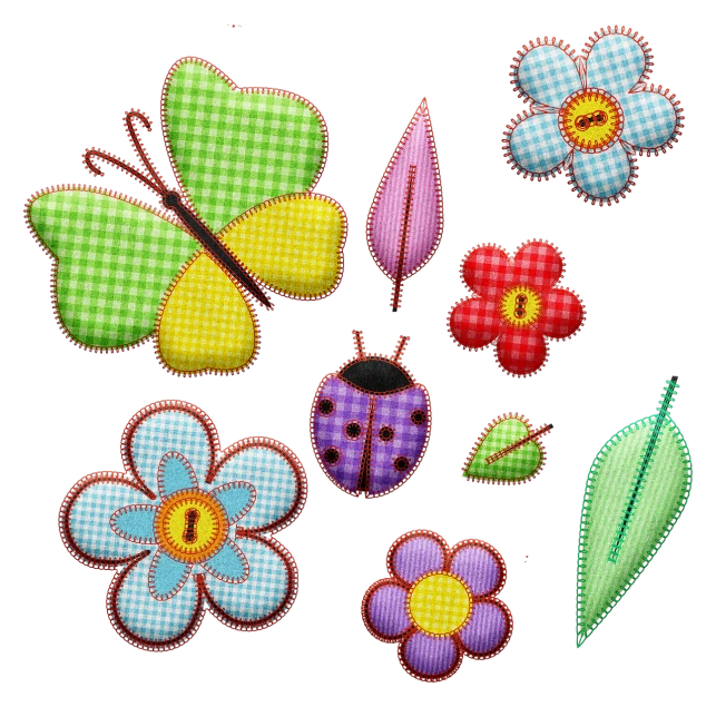 a bunch of flowers and a ladybug on a black background, a pastel, flickr, toyism, material pack, glowing butterflies, patch design, checkered motiffs