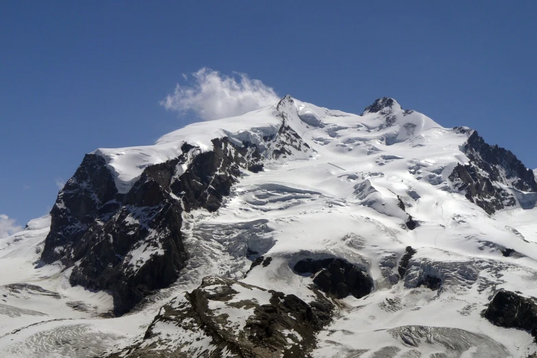 a mountain covered in snow under a blue sky, a picture, by Werner Andermatt, flickr, towering high up over your view, blue glacier, bernini, watch photo