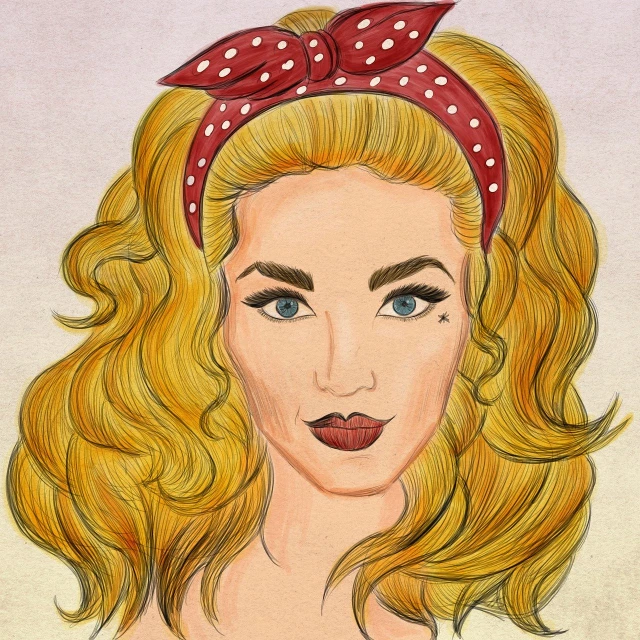 a drawing of a woman with a red bow on her head, a pop art painting, inspired by Alberto Vargas, tumblr, portrait of kate winslet, blonde and attractive features, in retro colors, mixed media style illustration