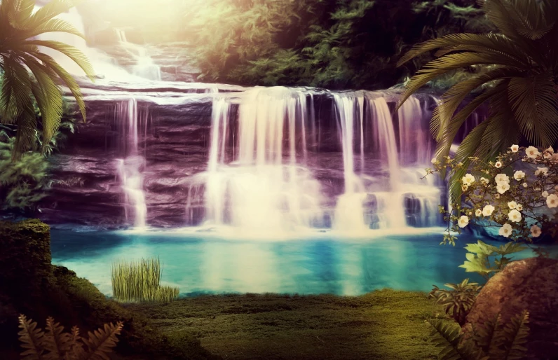a waterfall in the middle of a lush green forest, a matte painting, inspired by Henri Biva, shutterstock, romanticism, vibrant light leaks, tropical pool, high quality fantasy stock photo
