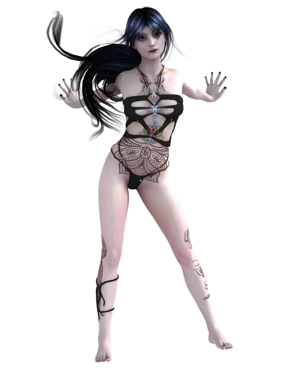 an image of a woman with tattoos on her body, a 3D render, inspired by Brom, gothic art, dark sorceress fullbody pose, pretty face with arms and legs, wearing gothic accessories, body meshes