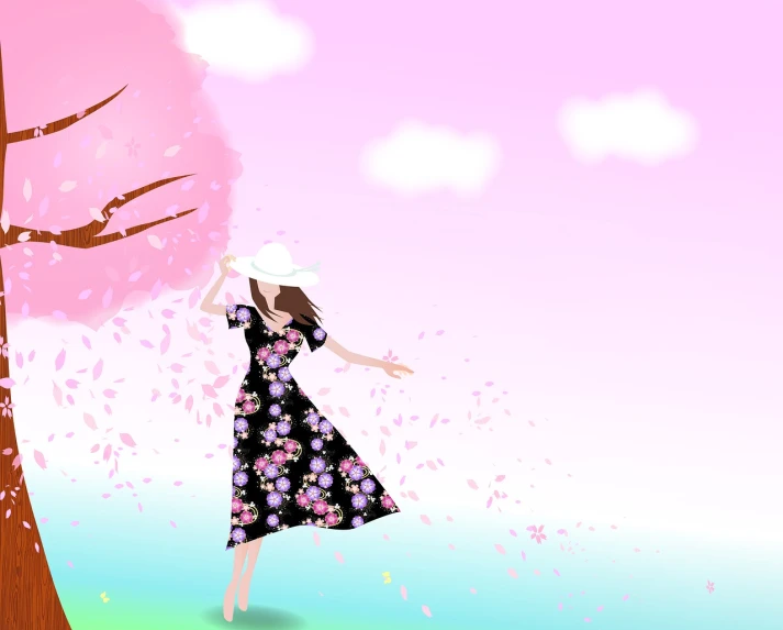 a woman in a dress standing next to a tree, by Ai-Mitsu, happening, cherry blossom background, cartoon style illustration, she is wearing a hat, the sky is pink