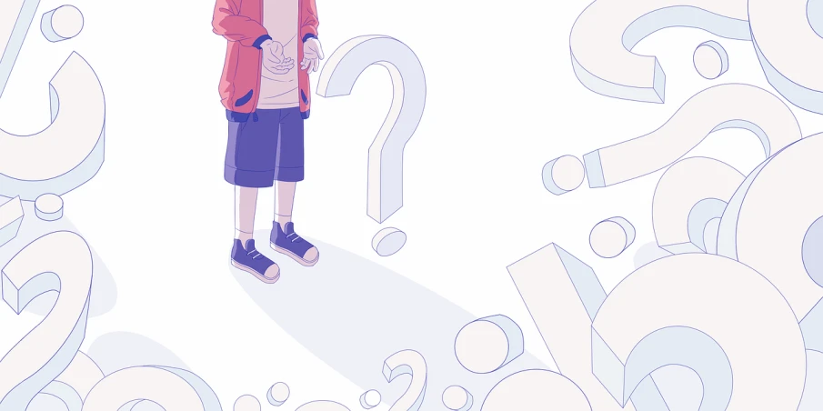 a person standing in front of a bunch of question marks, an illustration of, inspired by NEVERCREW, anime style illustration, teenage boy, trend on behance illustration, hyper detail illustration