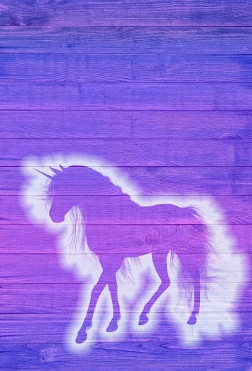 a painting of a unicorn on a wooden wall, a hologram, shutterstock, purple. ambient lightning, pristine and clean design, stencil, faded background