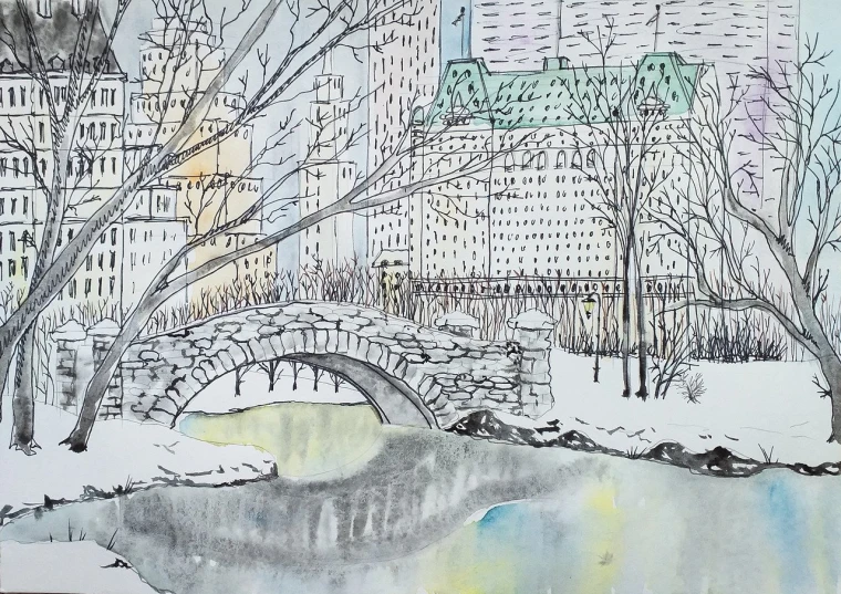 a drawing of a bridge over a body of water, a watercolor painting, inspired by Ethel Schwabacher, modern european ink painting, new - york skyline in winter, detail on scene, illustratio, drawn on paper