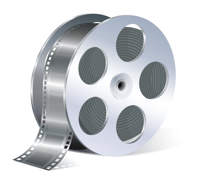 a reel of film on a white background, shutterstock, video art, 3 d vector, aluminum, wheels, cinema verite