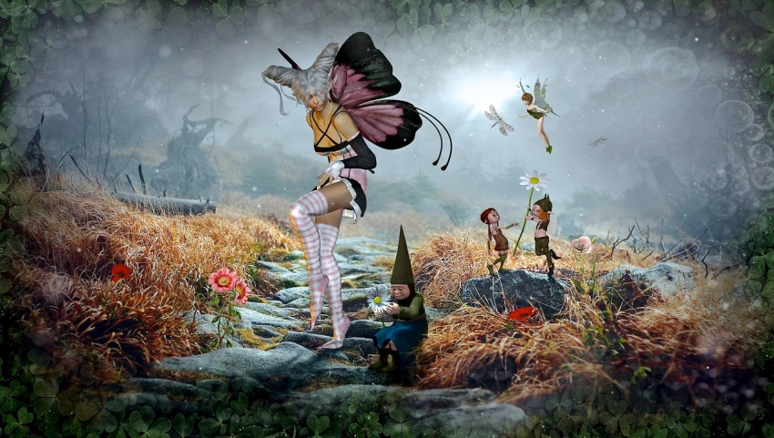 a woman that is standing in the grass, inspired by Alison Kinnaird, flickr contest winner, fantasy art, giving flasks to other gnomes, digital collage, early morning mood, everyone having fun