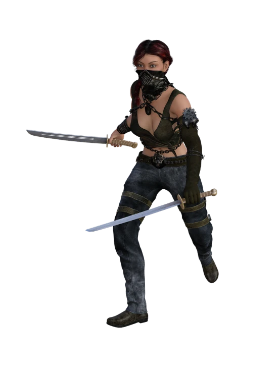 a woman with a mask holding two swords, a digital rendering, biker, combat stance, diesel punk female, female rogue