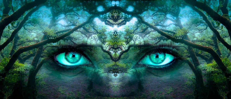 a close up of a person's eyes in a forest, psychedelic art, cyan and green, goddess of illusion, dmt visions, eyes). full body